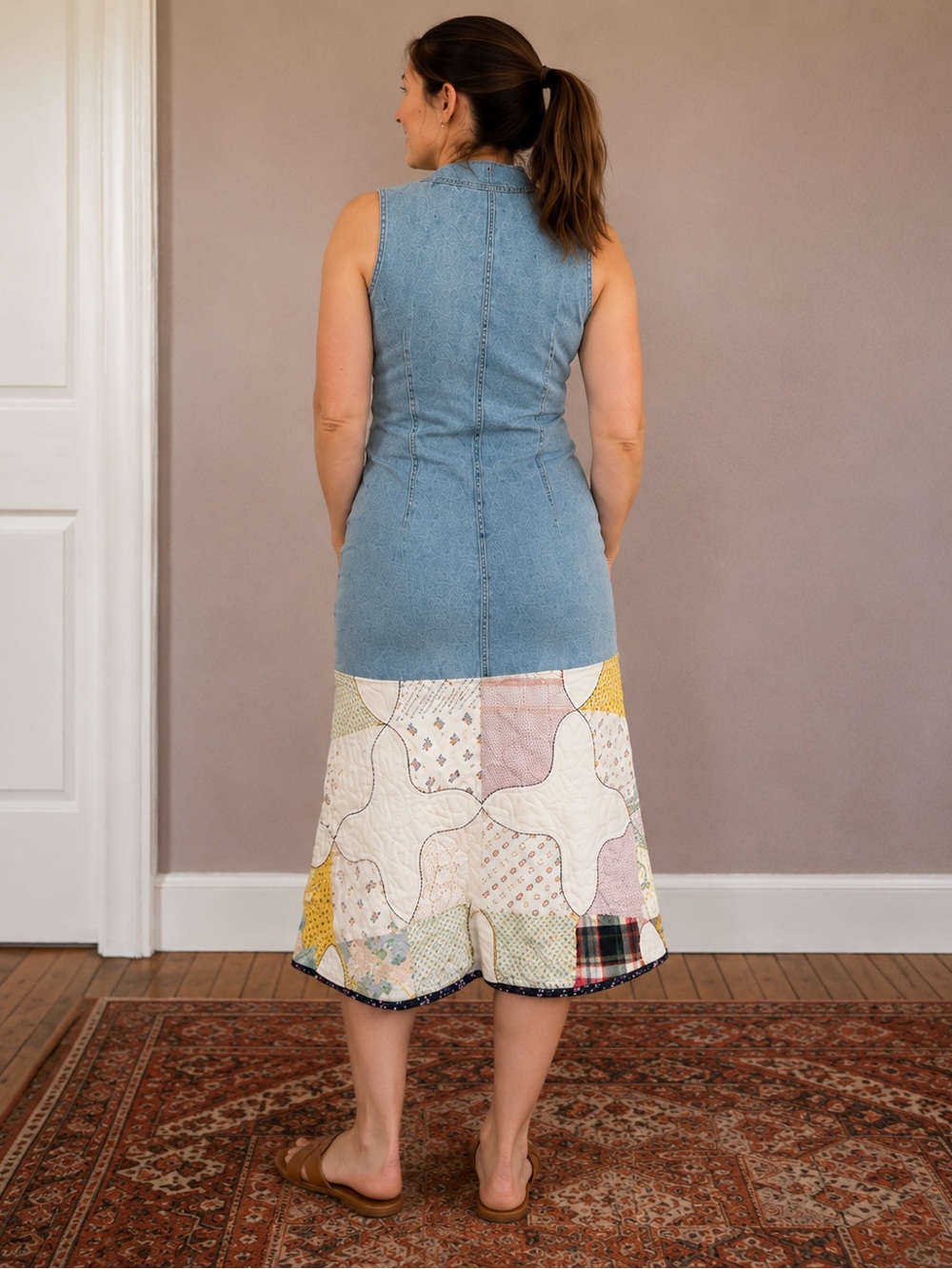 Vintage Reworked Denim Quilt Dress Upcycled Patchwork Prairie Midi Dress - Picture 6 of 6